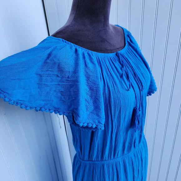 Time and Tru Blue A Line Hi Low Hemline Peasant Dress Elastic Waist Sz S 4-6 - Picture 3 of 10